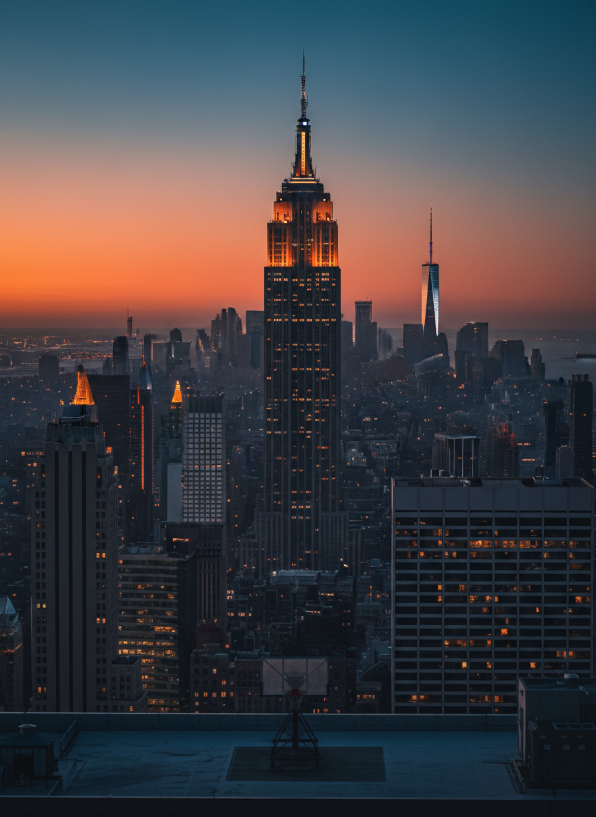 A dramatic close-up of the New York skyline at twilight, where towering glass skyscrapers glow with reflections of vibrant orange and deep royal blue lights, subtly echoing Knicks colors. The Empire State Building and nearby structures are illuminated in coordinated hues, their windows forming abstract patterns like a digital scoreboard. A faint basketball hoop silhouette is visible on a rooftop in the foreground, slightly blurred yet recognizable. The sky transitions from deep indigo to warm amber near the horizon. Captured in photographic realism from a mid-air, slightly elevated perspective, with sharp focus on the buildings and a soft, hazy distance. The mood is bold, electric, and unmistakably New York.