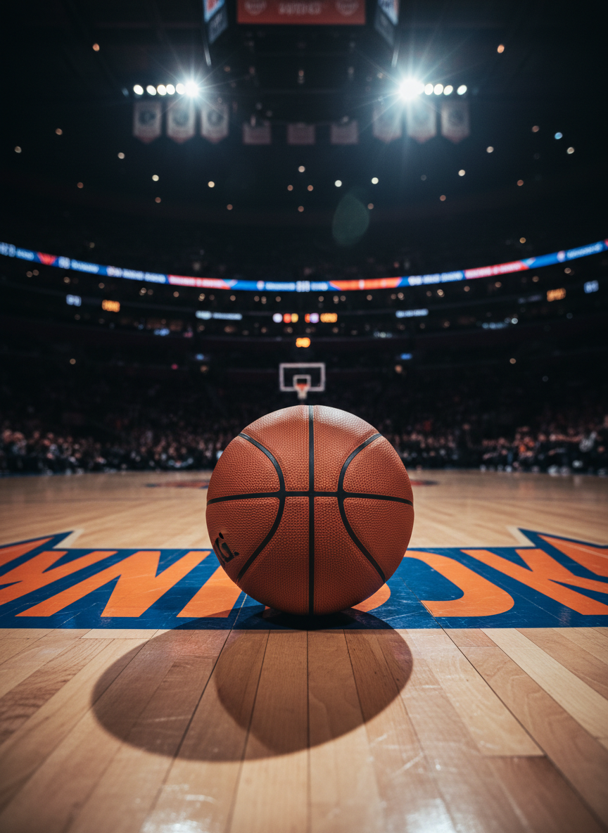 A pristine, official NBA basketball resting at center court of Madison Square Garden, its pebbled orange leather and deep black seams captured in crisp photographic realism. The glossy hardwood beneath reflects vivid blue and orange baseline graphics that spell out “Knicks.” Overhead arena lights pour down in dramatic, high-contrast beams, creating sharp highlights on the ball and long, cinematic shadows stretching across the court. The stands dissolve into a soft, dark bokeh, hinting at scale without detail. Shot from a low, courtside angle with shallow depth of field, the composition feels bold and monumental, embodying the intensity and grandeur of New York Knicks basketball.