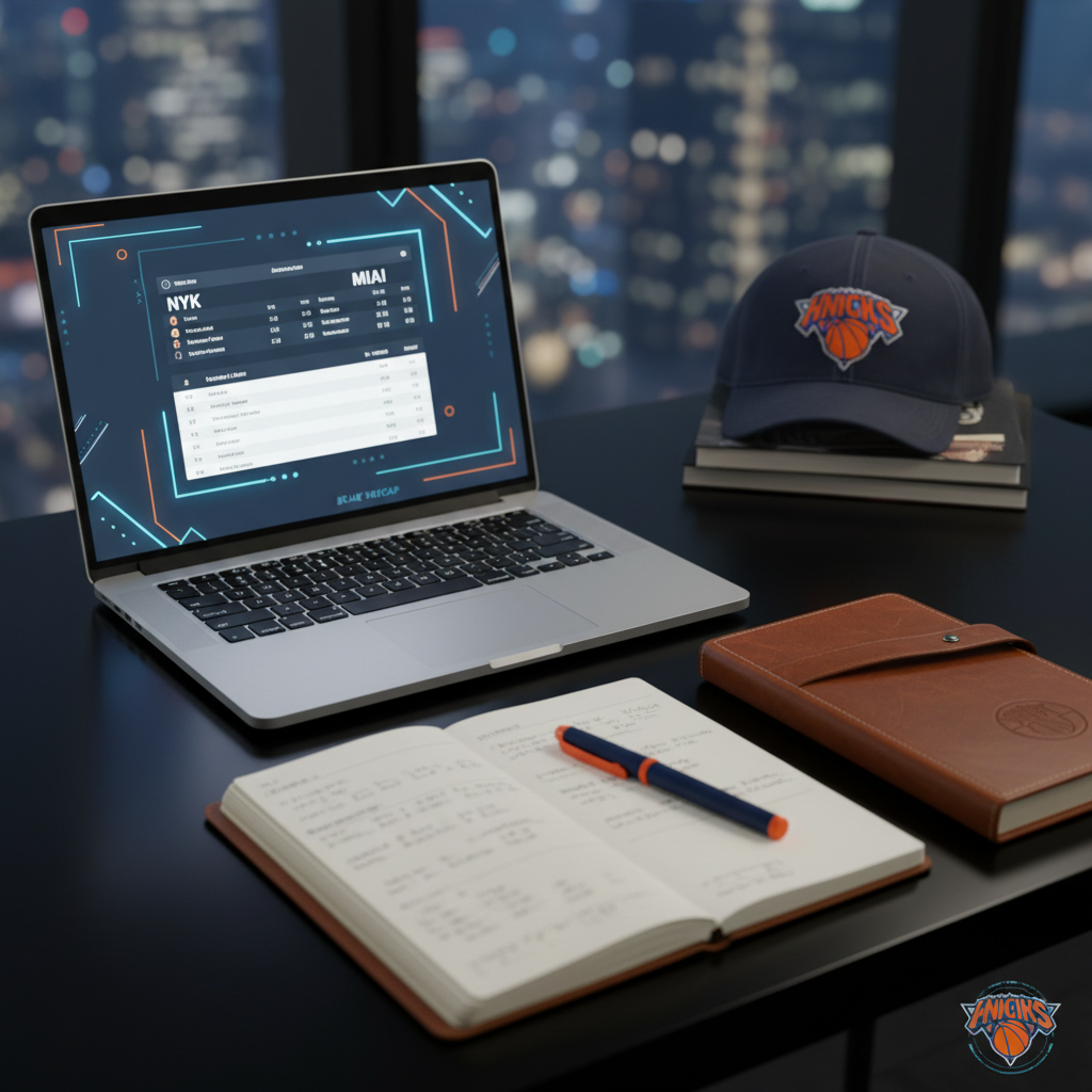A neatly arranged game recap workspace on a sleek black desk, featuring an open silver laptop displaying a minimalist basketball box score framed by subtle blue and orange accents. Beside it lies a well-worn leather notebook with a small Knicks logo embossed in the corner, and a navy-and-orange pen resting diagonally across the page. A folded Knicks cap sits in the background, slightly out of focus. Cool, diffused late-night city light spills through an unseen window, casting soft reflections on the laptop’s metallic surface. Shot from a slightly elevated angle with shallow depth of field, the photographic scene feels analytical, organized, and focused, perfect for detailed Knicks game coverage.