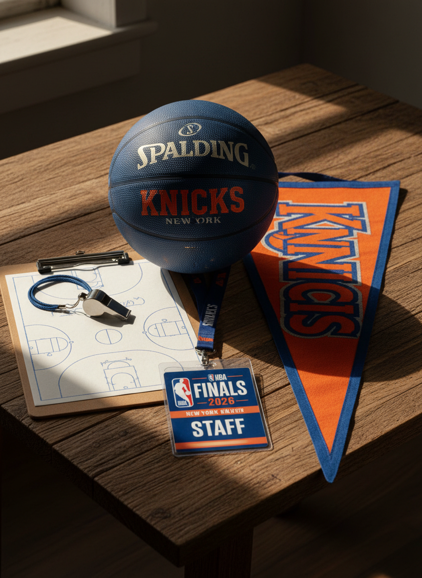 A bold, photographic still life of iconic New York Knicks memorabilia arranged on a rustic wooden table: a vintage blue-and-orange Spalding basketball with slightly worn lettering, a classic Knicks pennant draped diagonally, and a laminated NBA Finals 2026 credential lanyard lying across the scene. Small details like a metal whistle and a well-used clipboard with faint court diagrams sketched in blue ink sit nearby. Warm, golden-hour window light spills across from the left, casting elongated, dramatic shadows and bringing out the rich textures of fabric, leather, and paper. Shot from an eye-level perspective with balanced depth of field, the composition feels nostalgic yet forward-looking, embodying the history and future of Knicks basketball.
