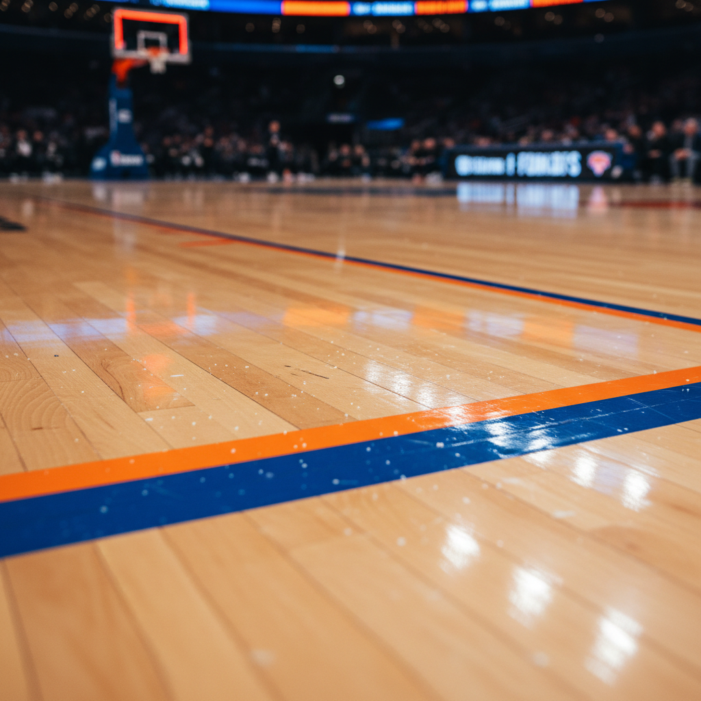 An intense close-up of a polished hardwood court section, painted with a bold blue three-point line intersecting with bright orange lane markings, clearly inspired by the New York Knicks color palette. Tiny scuffs, sweat marks, and resin dust are visible on the surface, emphasizing realism and recent high-level play. A digital shot clock and scoreboard glow in the extreme background, blurred into orange and blue streaks of light. Overhead arena lighting creates a strong, clean reflection on the floor, highlighting texture and grain. Photographed from a very low, sideline-level angle with shallow depth of field, the atmosphere feels high-stakes and playoff-ready, ideal for NBA Finals 2026 coverage.